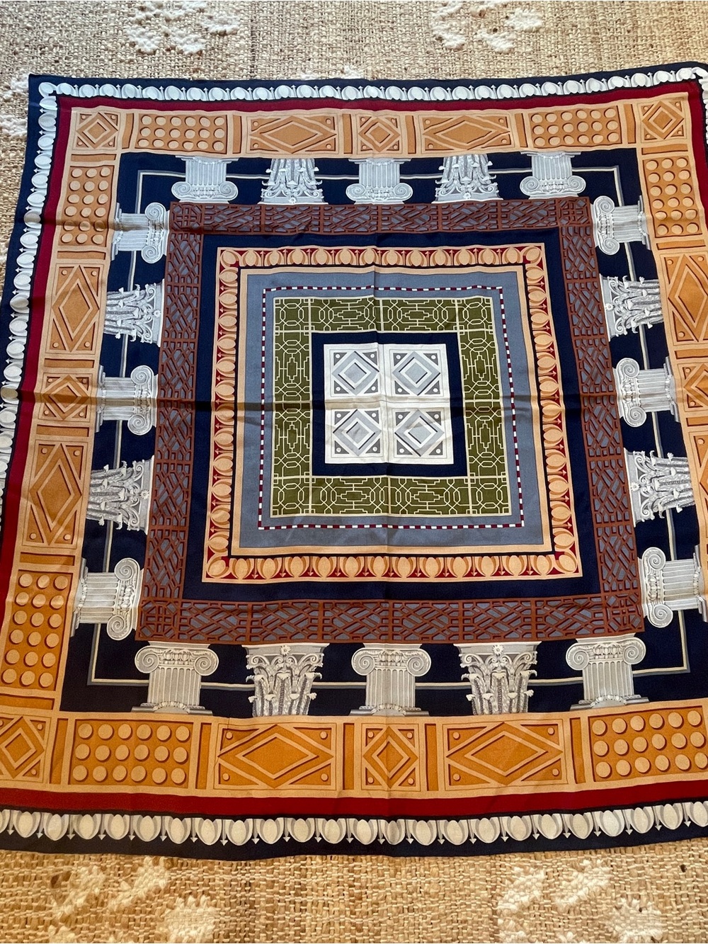 Vintage Square Silk Scarf Classical Architectural Column Geometric Motif 30x30